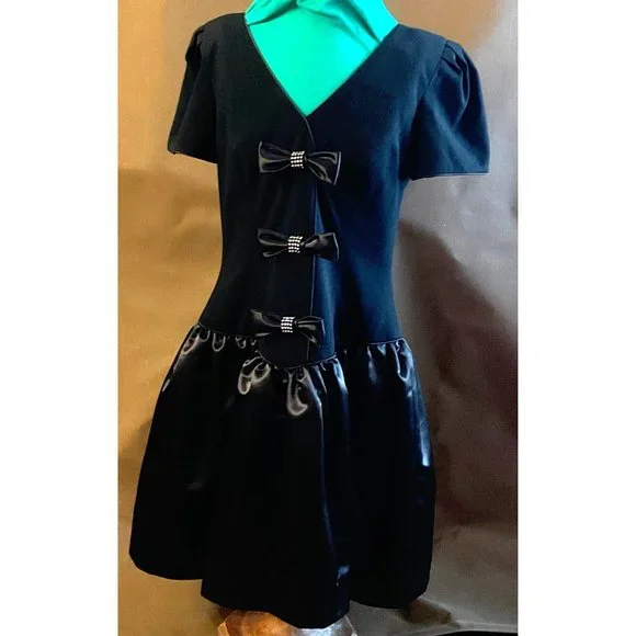 Morton Myles Gorgeous Black Vintage Dress Bows Rhinestones Size 10 Short Sleeve - Picture 2 of 14